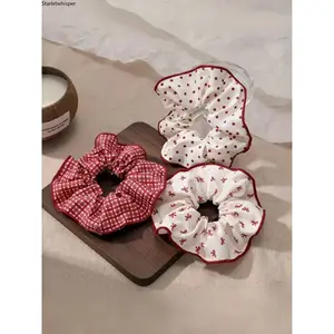 3Pcs Women's Sweet Wine Red Ruffled Plaid Bow Scrunchies, Elegant Wavy Curly Hair Ties for Half-Up Hairstyles & Buns, Perfect for Daily Wear, Parties & Travel