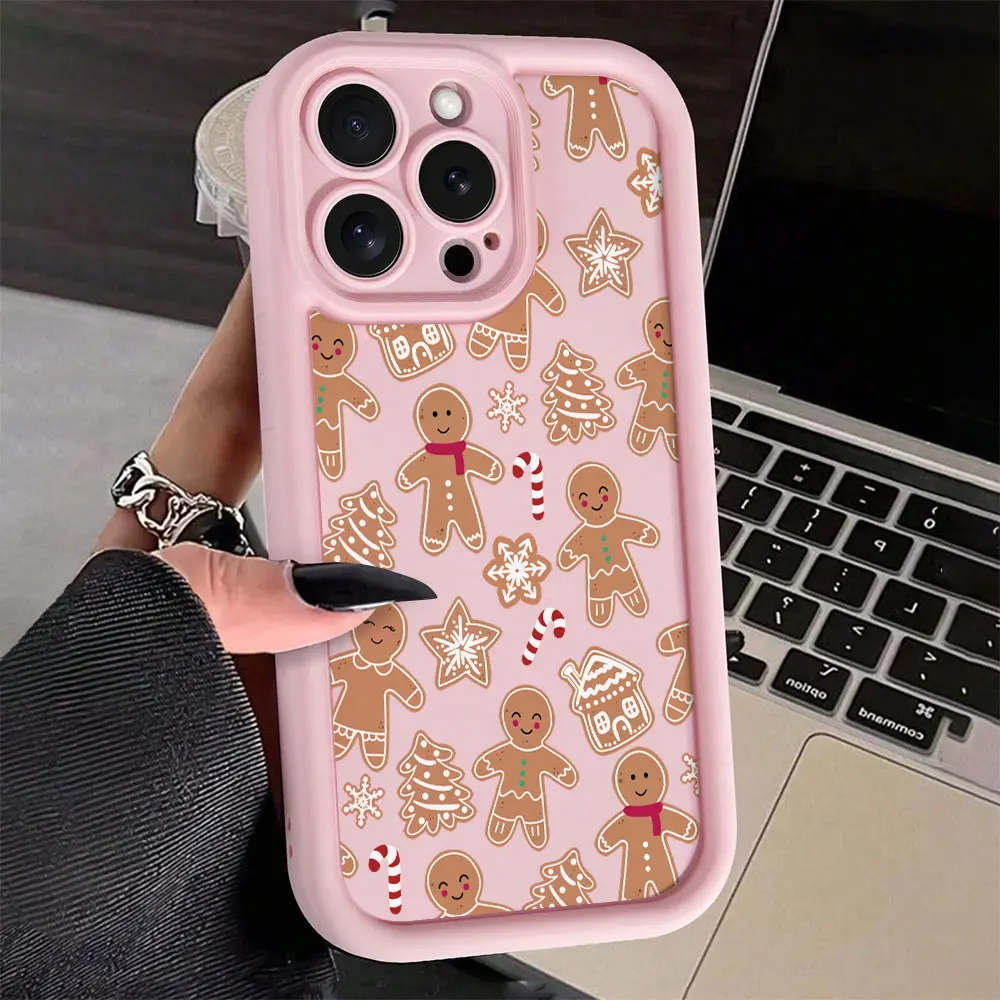 Pink Christmas Gingerbread Man & Tree Silicone Smartphone Case - TPU Lens Protection, Shockproof, Durable Soft Cover for iPhone 17 Pro Max,16,16e,15,14 Plus,13,12 Mini,11,Air,XR,X,XS - Handheld Devices Accessories Gift, Shockproof Edge