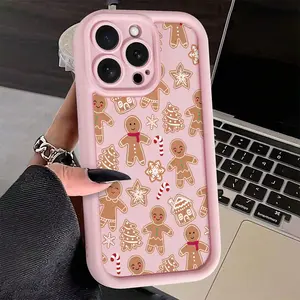 A Pink Fashionable Christmas Gingerbread Man And Christmas Tree Phone Case Compatible with iPhone 17 Pro Max 16 16e 15 14 Plus 13 12 Mini 11 Air XR X XS Pattern TPU Lens Protection Durable Soft Cover Gift