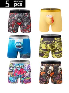 5-Pack Men's Longer Leg Boxer Briefs, Soft Breathable Polyester Blend Tie-Dye Trendy Graphic Prints, High Elasticity Stretch Athletic Shorts, Multi-Color Mix for Everyday Gym Cycling, Super Value Pack Underwear Boxers Set, Daily Casual Underwear