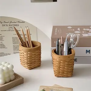 Vintage Woven Pen Holder Pencil Holder Makeup Brush Storage Bucket, Student Desk Office Creative Wooden Stationery Organizer, Office Decorative Organizer, Desktop Organizing Basket, Desk Organizer Tidy