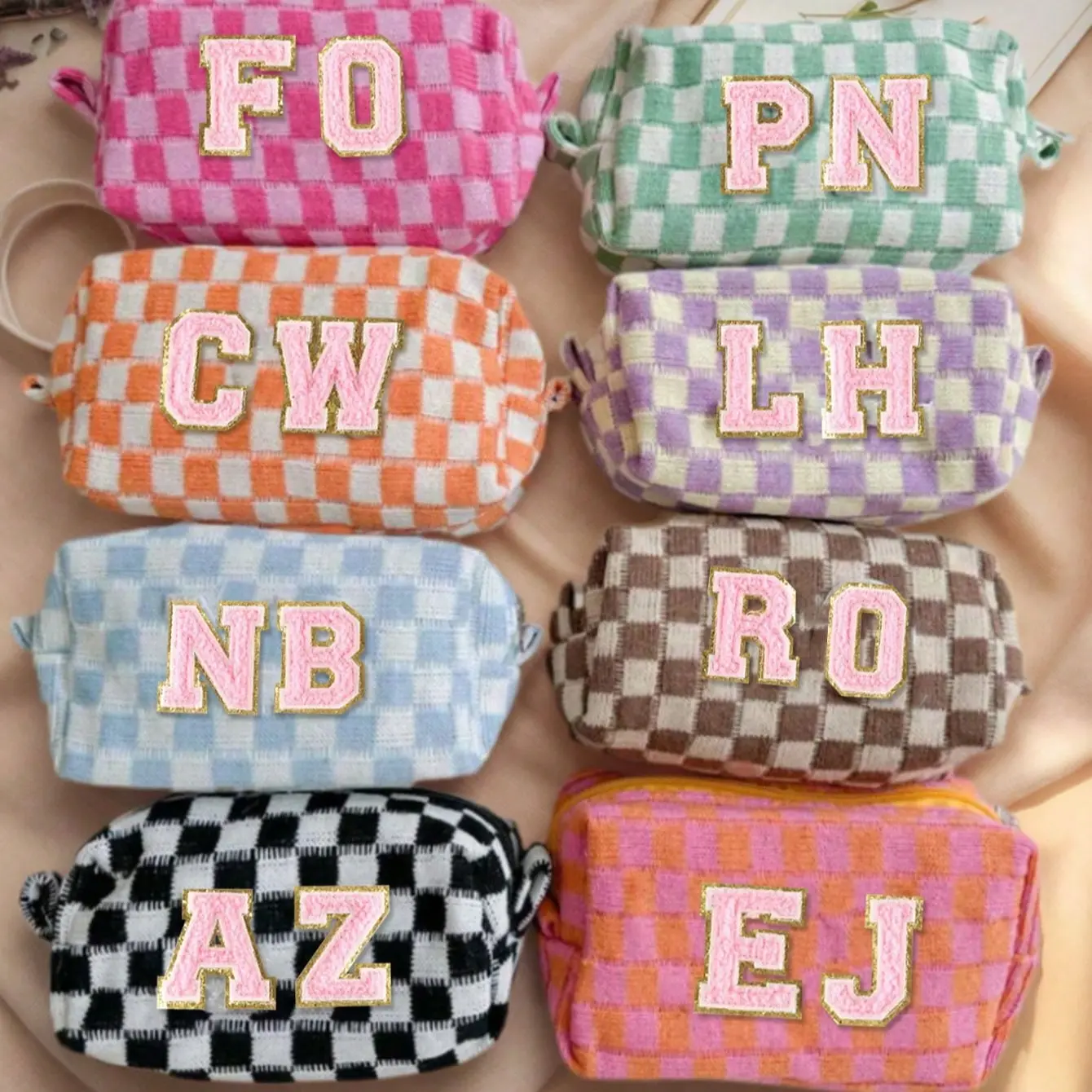 Personalized Plaid Makeup Bag with Towel Embroidery Initial, Custom Bridal Party Proposal Bag, Large Capacity, Fashionable Gift for Her