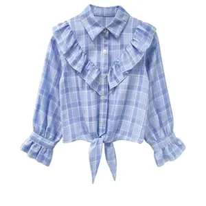Girls Long Sleeve Ruffle Plaid Shirts Front Button Down Shirts for Girls Waist Knot Plaid Shirts,Blue Plaid - S
