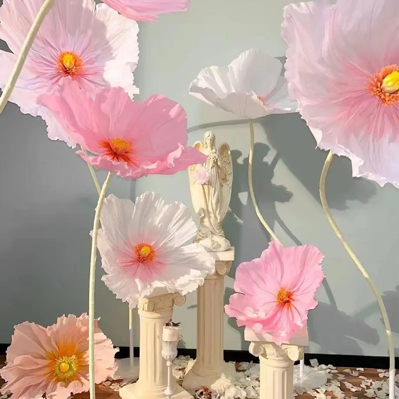 Large Paper 3D Bouquet Artificial Flowers - 1 Set of 3 Oversized Giant Poppy Artificial Faux Plants, Decorative Floral Supplies for Wedding Event, Home Decor, Photography Props