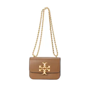 Tory Burch Eleanor Matte Flip-Top Double-T Logo Leather Crossbody Bag for Women, Small Square Style in Moose Color