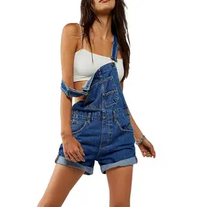 Women Denim Bib Overalls Adjustable Straps Pocket Romper Shorts Casual Rolled Cuff Shortalls