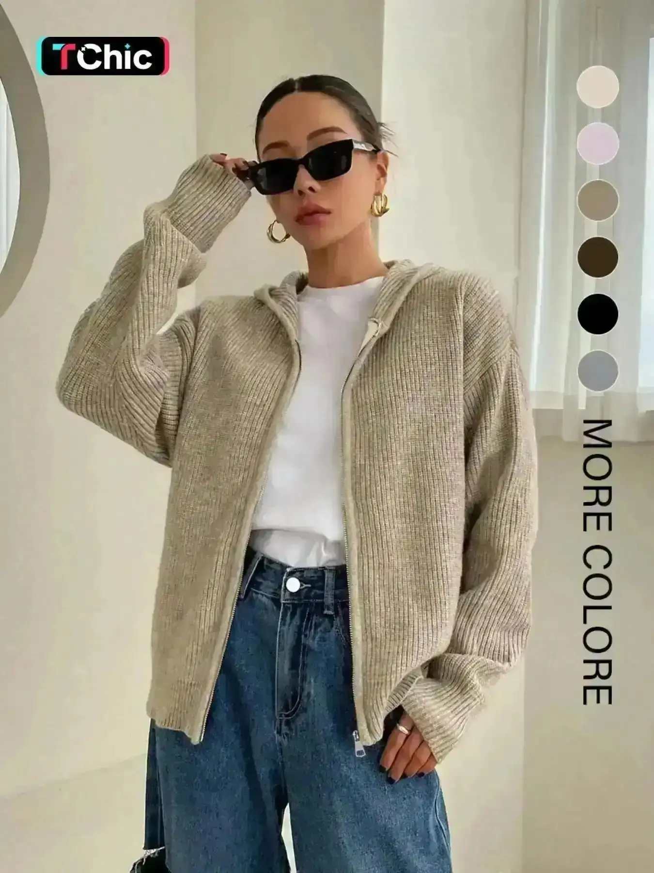 2026 Women's Solid Zip Up Hooded Sweater Cardigan, Casual Drop Shoulder Long Sleeve Cardigan, Women Knitwear for Fall & Winter Daily Wear, Women Blouse Shirt Crop Top Office Work Going Out Date Night Layering Casual