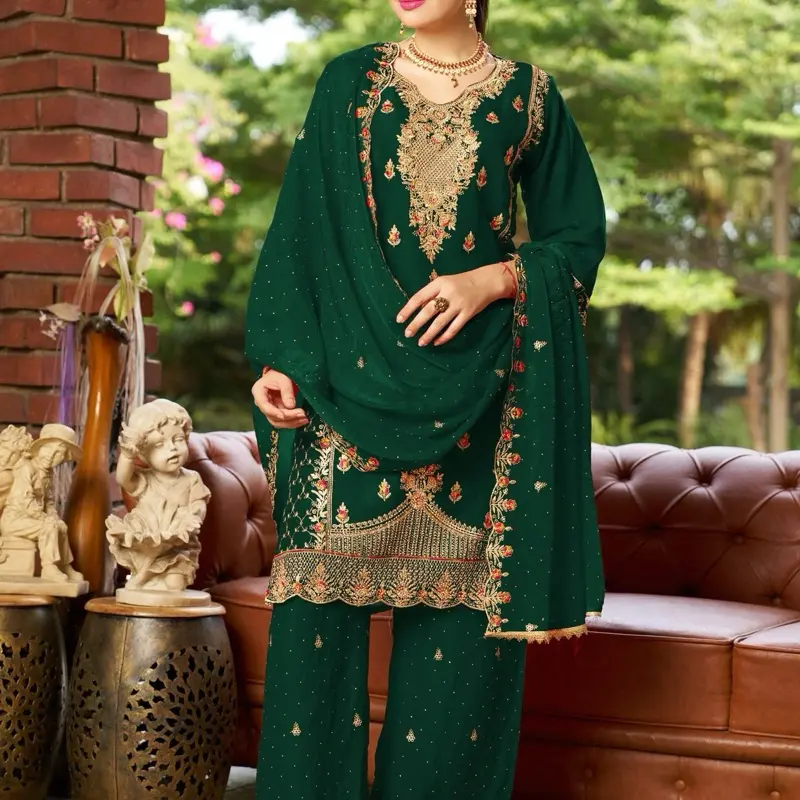 Pakistani Salwar Kameez Set, Ready-Made Fandy Fabric Top, Fandy Plazo Bottom & Dupatta, Exporter Collection 1346