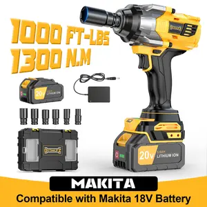1000FT-LBS (1300N.m) Cordless 1/2" Impact Wrench with 1*Battery Compatible with Makita, Brushless Impact Gun with 6 Sockets, 2100RPM for Car & Truck