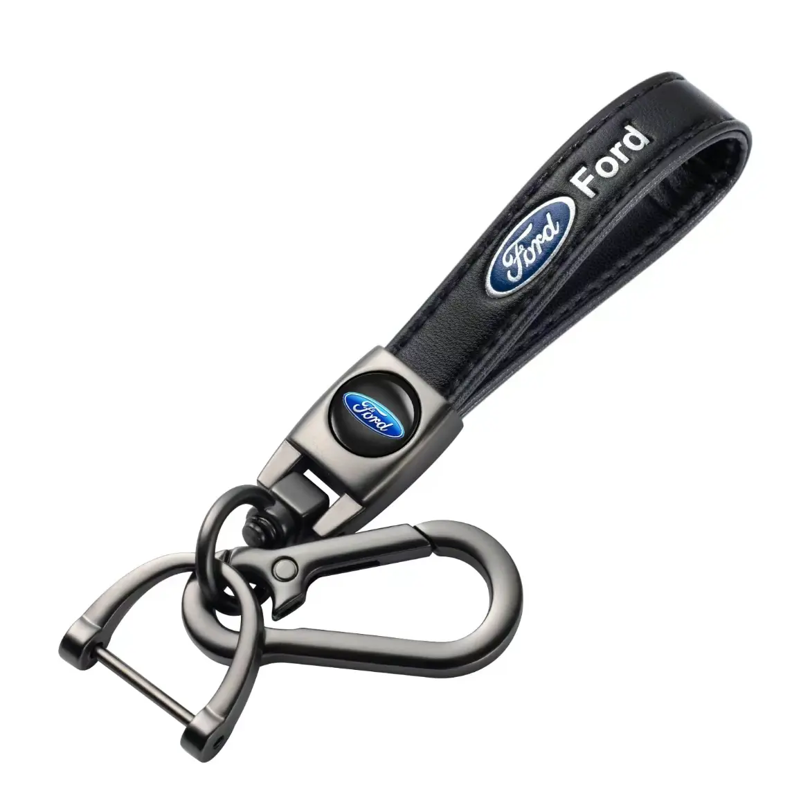 Genuine Leather Ford Car Keychain with 360° Swivel Clip, Leather Strap, Detachable Clip-Detachable Ring, Keychains for Backpacks, Car Interior Decoration Accessory Gift for Men