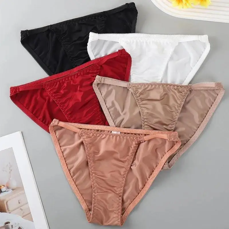 Women's Solid Color Silk Satin Thong Intimates Panties - 5 Pcs Basic White/Khaki Low Rise Plain French Undies, Breathable Lightweight Comfy Silky Ladies Underwear, Multi-Size Bean Paste Gifting for Everyday Elegance, Breathable Lightweight Undies