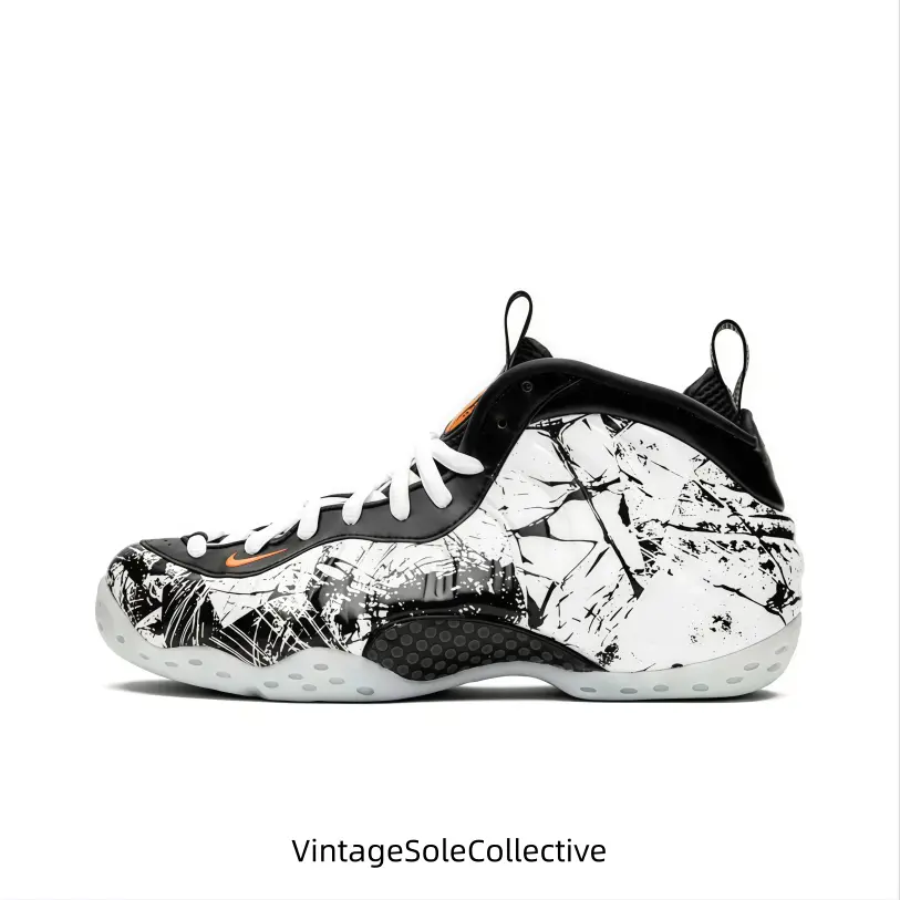 Wrap-around molded high-top sports shoes covered with artistic cracked print shell, built-in full shock cushion system buffers impact during basketball training and long outdoor walks. Perforated honeycomb midfoot panel boosts air circulation
