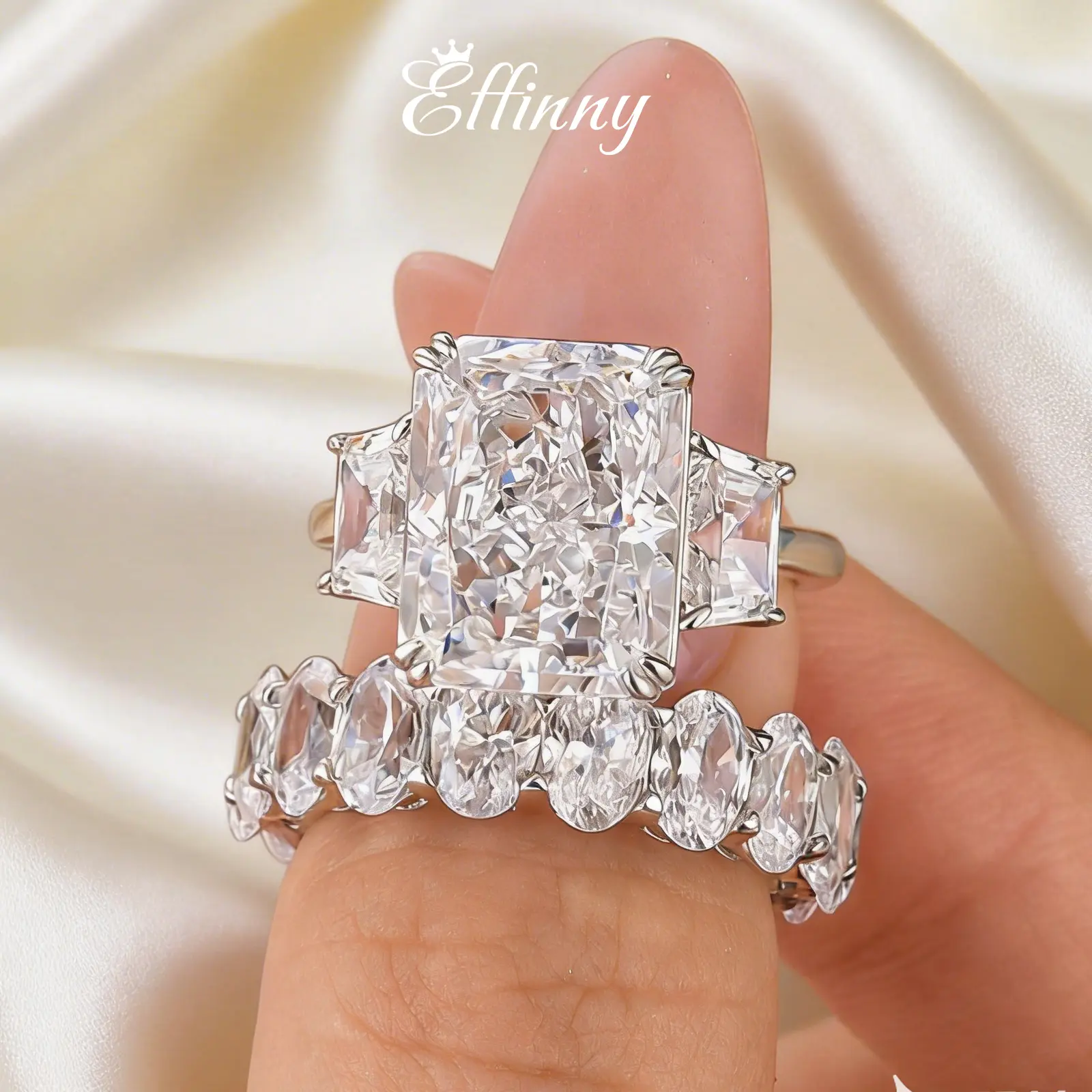 Effinny Women's 8.0ct Radiant Premium Cubic Zirconia Wedding Ring Set - Engagement Ring with Fashion Full Eternity Band, Bridal Jewelry for Daily Wear