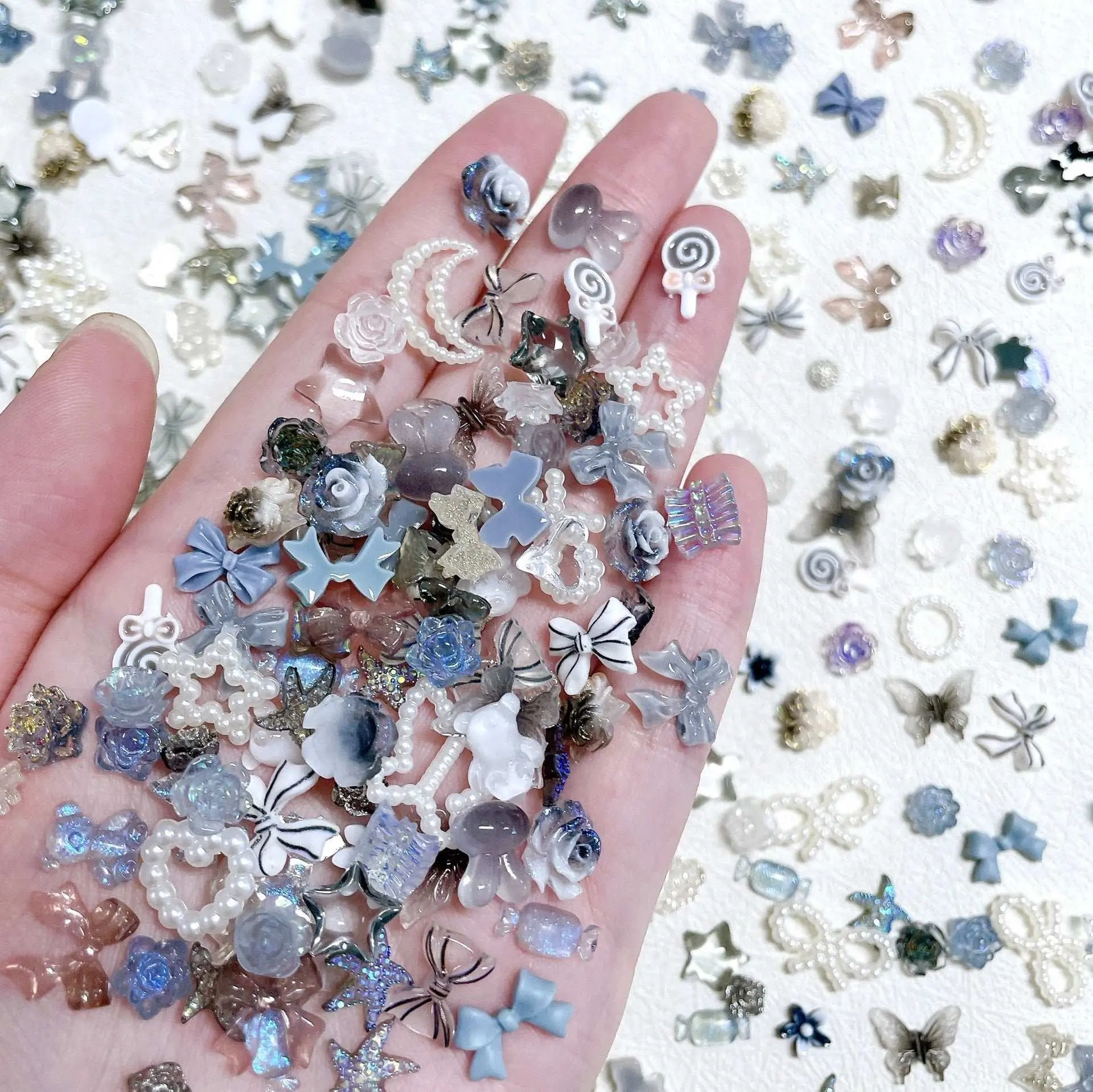 3D Grey Resin Mixed Shape Nails Charms, Bowknot Butterfly Pearl Moon nail charms