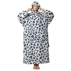 Plus Size Cute Print Hooded Blanket, 1 Count 320gsm Casual Soft Warm Oversized Hooded Wearable Blanket with Pocket, Soft Fluffy Blanket, Comfy Bedroom Gadgets, Soft Fleece Blanket, Machine Washable Blanket, Cozy Hooded Blanket, Leopard Pattern Blanket