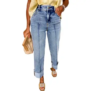 Women’s Light Blue Center Seam Cuffed Hem Straight High Waist Jeans