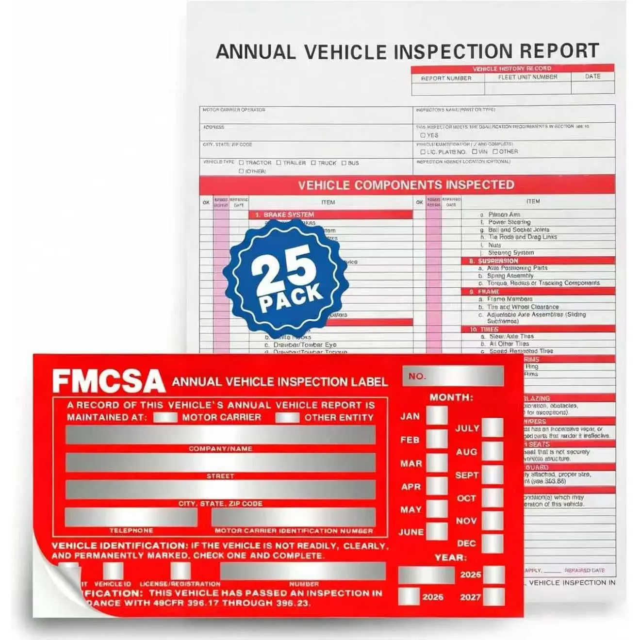 Women's Vehicle Inspection Forms Kit, 25-Piece Set with 3-Ply Carbonless Annual Form Sheet for Vehicle Owners & Self-adhesive Aluminum Decals, Decal Set, Record Keep, Annual Vehicle Inspection Report