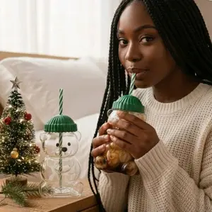 Starbucks-styled Bearista cup inspired NO logo  glass bear cup with straw and green beanie