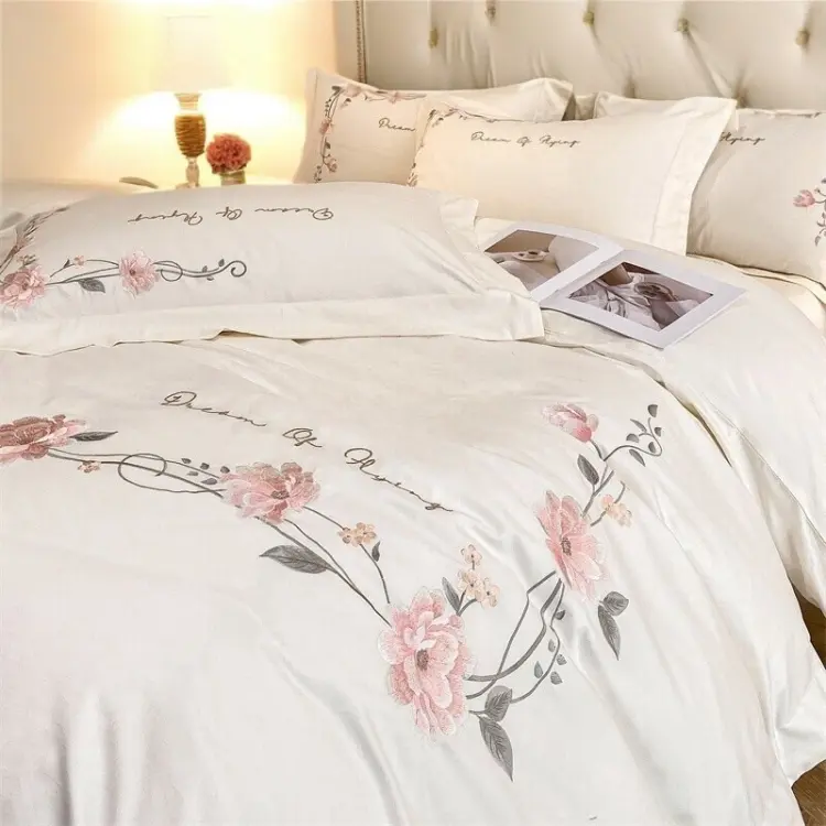 Floral Embroidery Cotton Duvet Cover Set Queen Bedding Set 3Pcs Pillowcases Soft