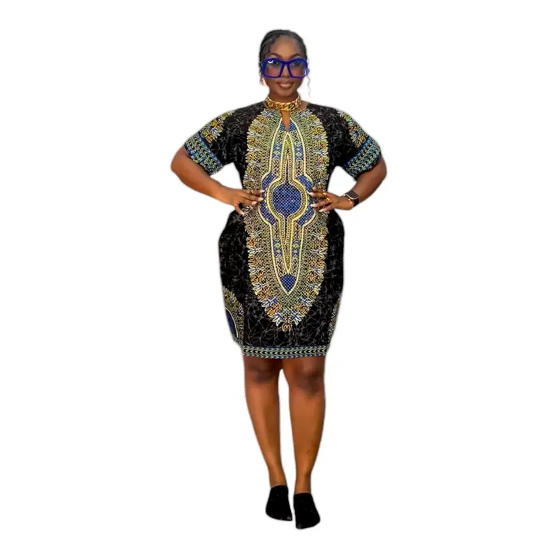 Women's Traditional African Kente Casual Dress - Short Sleeve Crewneck Bodycon Midi, Elegant Black & Blue, Unique Colorful Kente Pattern, Summer Comfort Casual Wear