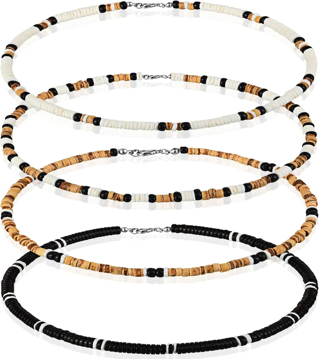 4 count Puka Shell Necklace for Men Surfer Seashell Necklace Choker Summer Beach Hawaiian Puka Choker with Clam Chip Beads for Women