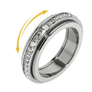 Unisex Titanium Steel Spinner Fidget Rings - Daily Cubic Zirconia Beveled Diamond Set, Anxiety-Relieving Comfortable-Fit Bands (Size 6-11) for Engagement, Silver, Engagement Rings