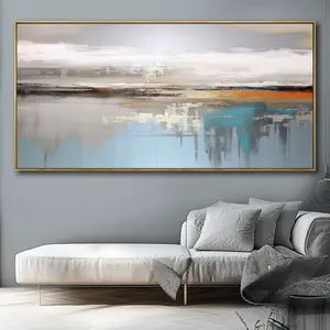 Frame blue sky reflections and grey abstract landscape canvas art - modern brushwork wall decoration for living room or office - 20x40 inches