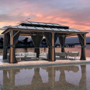 12'×20' Hardtop Gazebo, Faux Wood Grain Aluminum Outdoor Gazebo, Vertical Stripe Polycarbonate Double Roof, Curtains and Netting, Permanent Gazebo