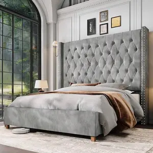 Luxury Velvet Wingback Bed Frame With 61.4" Tall Button Tufted Headboard - Platform, Solid Wood Legs, Modern Glam, Grey