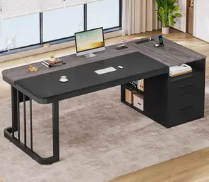 70.9" Executive Desk with Power Outlet, Modern Computer Desk with Drawers & File Cabinet, Large Home Office Worksttion with Adjustable Shelves, Gray