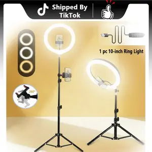 10"Ring Light with Stand,Video Light Tripod for Phone ,with 43.3"Tripod/2 Phone Clips/1 USB Ports,2600K-6500K Color Temperature,for Barber Makeup Tattoo TikTok Video Recording Vlog#Mother's Day Gifts