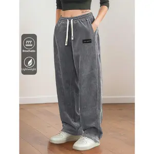 Women's Minimalist Corduroy Straight Leg Bottom Pants - Drawstring Elastic Waist, Fitted Basic Clothes, Suitable for Casual, Hiking Wear, All Seasons, US Direct Shipping