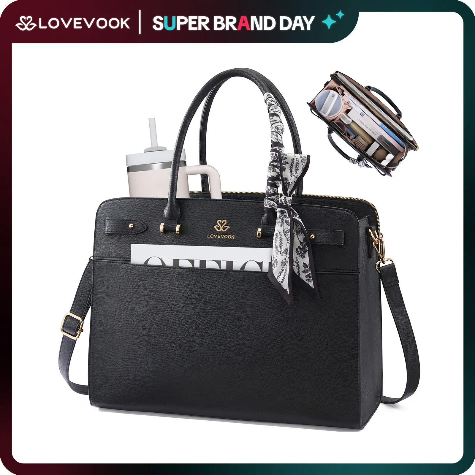 LOVEVOOK Laptop Tote Bag for Women, PU Leather Work Bag Waterproof Briefcase Handbag for Teacher Business with Silk Scarf