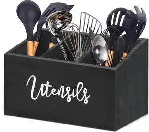 Wooden Utensil Holder, Kitchen Counter Decor Utensil Caddy with 3 Compartments, Kitchen Tools Holder for Spatula Utensil Crock Caddy. (New Year Upgraded 3 compartments) Teak Nonstick Cooking Set kitchen utensil holder ideal organizer