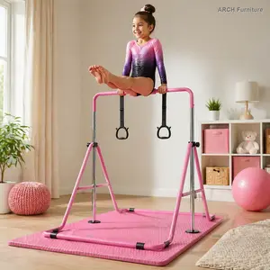 Kids' Anti-Wobble Expandable Gymnastics Horizontal Bar, Height-Adjusted Feature, Foldable Frame with Mat - ARCH Gymnastics Equipment for Home Practice