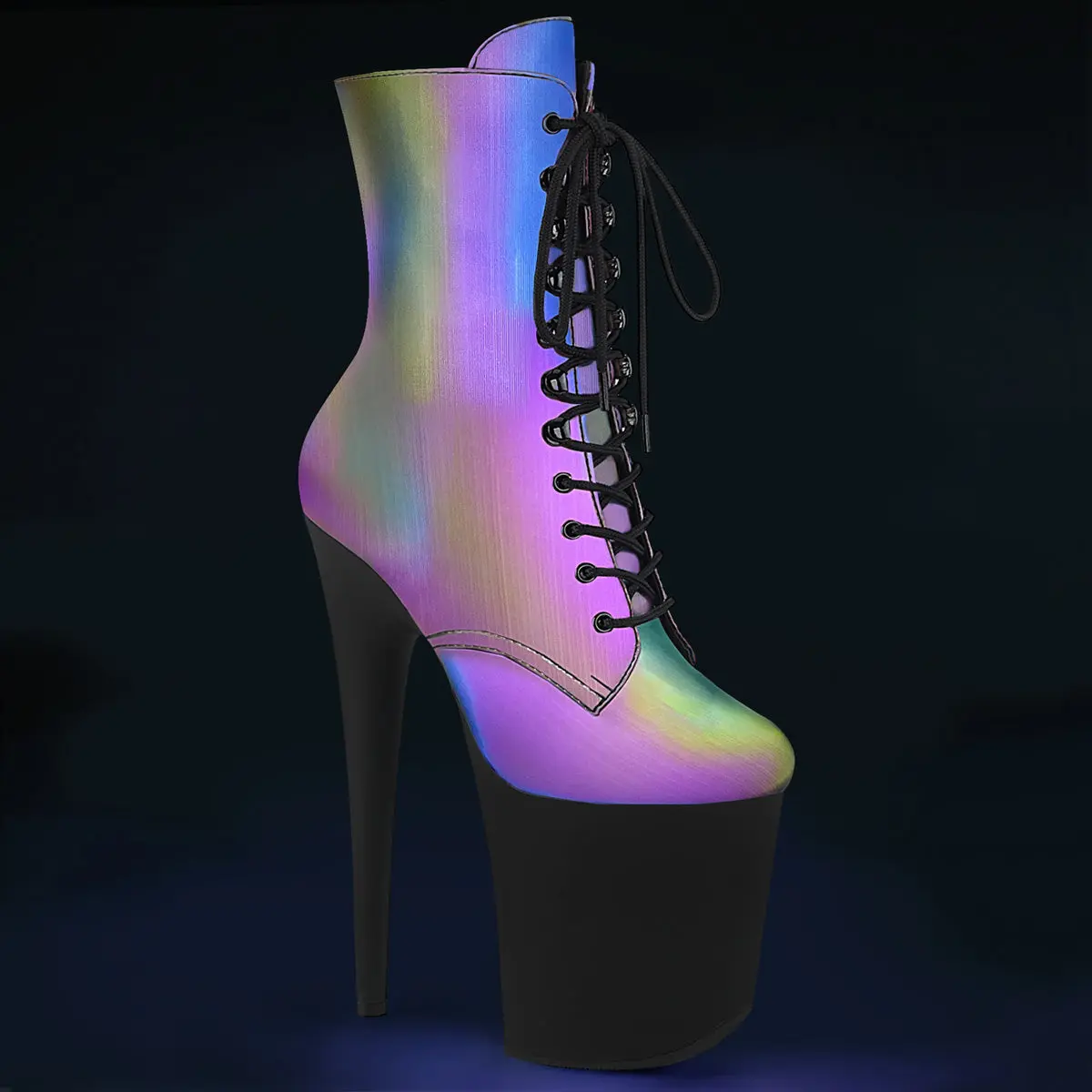 Women's High Heel Ankle Boot Shoe with Rainbow Reflective Finish, 8-inch Heel, and Interior Zipper Closure, Footwear, Platform, Statement Shoes