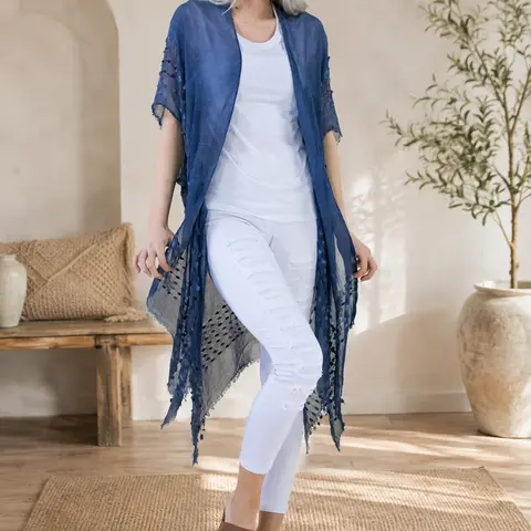 Women's Elegant Acrylic Sheer Washed-Finish Kimono Cover Up with Chenille Detail - Casual Beachwear, Any Season, One Size