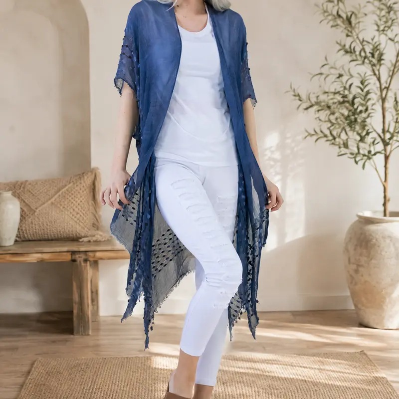 Women's Elegant Acrylic Sheer Washed-Finish Kimono Cover Up with Chenille Detail - Casual Beachwear, Any Season, One Size