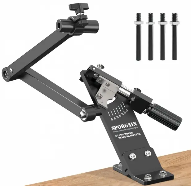 Lawn Mower Blade Sharpener for Angle Grinders – 15°-45° Adjustable Straight Sharpening Frame, Ball Bearing Handle, Assembly, Adapter Screws, Thumb Screws, Guide Pins, No Bushings, Workbench-Mountable Garden Maintenance Accessory for Left/Right Hand Blades