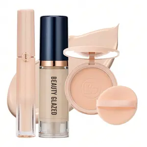 Foundation + Concealer + Setting Powder, Semi-Coverage Makeup Prep Lotion Foundation, Moisturizing Isolation Lightweight Concealer Honey, Setting Matte Powder, Face Natural Nude Makeup Cosmetic Set