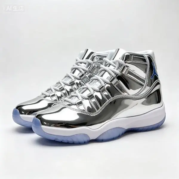 Brand New Sealed Unisex Mirror Silver Metallic Ice Blue Transparent Outsole High-top Retro Basketball Sneakers, Original Shoe Box Included, Smooth Reflective Leather Breathable Casual Sports Shoes