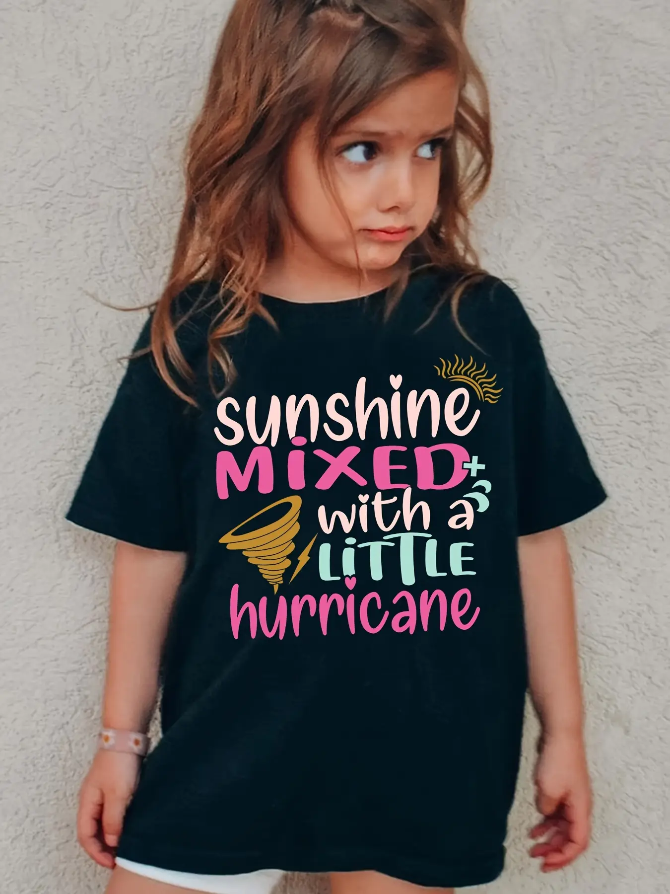 Kids "Sunshine Mixed with a Little Hurricane" Funny Graphic T-Shirt - Casual Short Sleeve Crew Neck Boys & Girls Personality Tee with "Mama is my bestie" Design