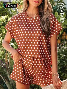 Women's Casual Everyday Polka Dot Print Short Sleeve T-Shirt Set with Elastic Shorts, Natural Waist, All Seasons, 2 Piece Set
