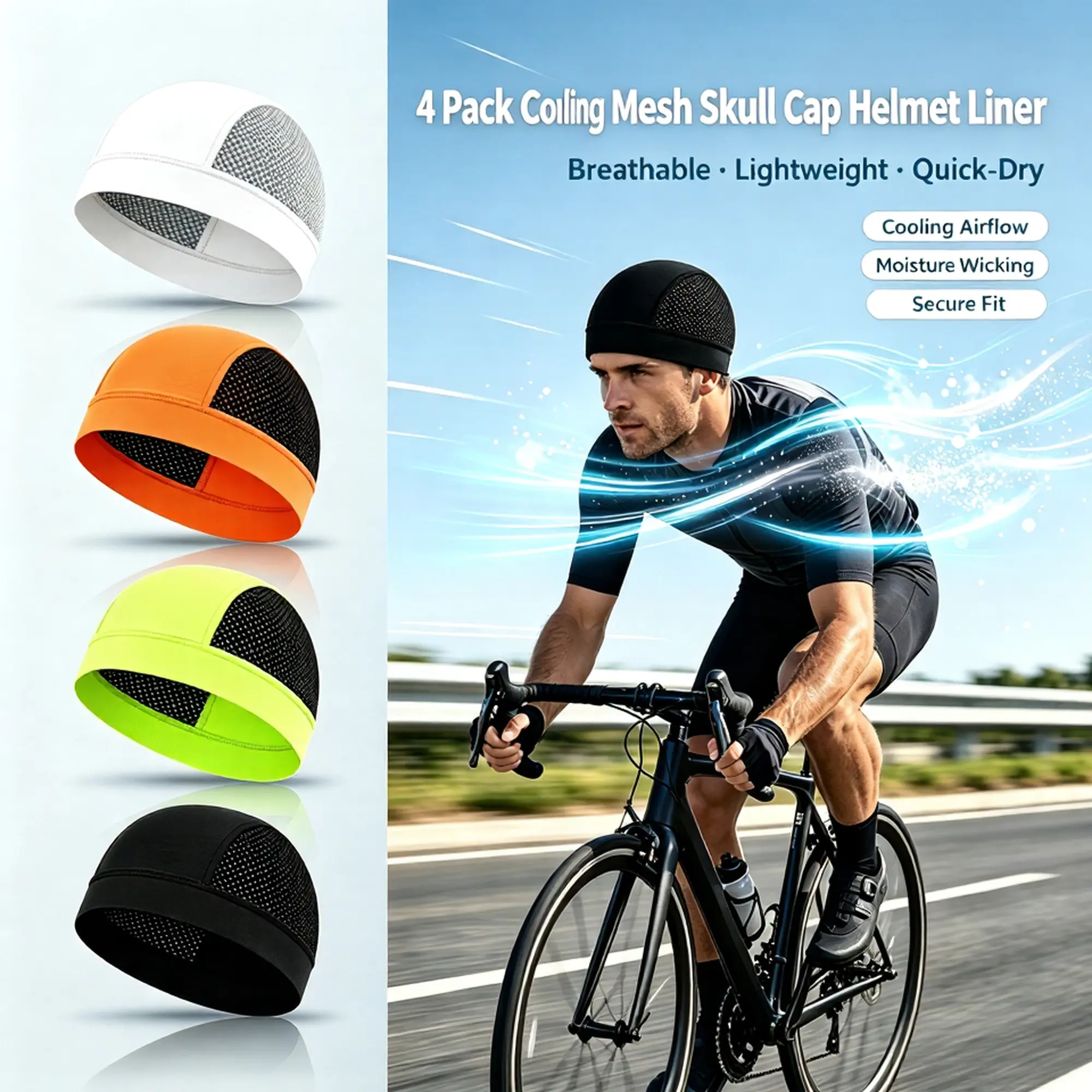 4 Pack Cooling Skull Cap Helmet Liner for Adults, Unisex Breathable Mesh Beanie with 4-Way Stretch-Fit, Moisture-Wicking for Running & Cycling, Multifunctional Headwear, Premium Sports Headwear