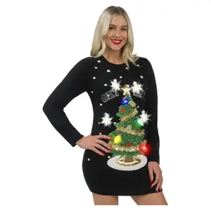 Giggling Getup Woman Pullover Ugly Long Sweater Dress with Funny 3D Christmas Tree and Novelty Light Bulbs