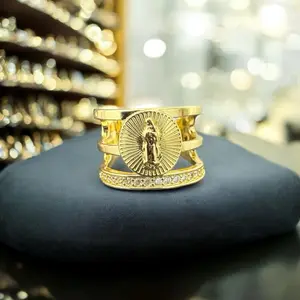Mary Ring One Size Fits All 14k Gold Plated with Virgin Mary Design and Cubic Zirconia Accents