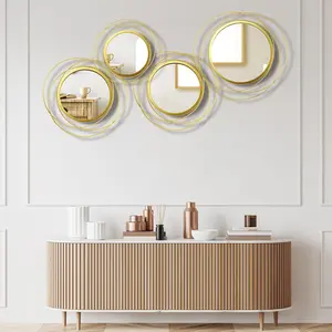 4 Pcs Decorative Round Modern Gold Circle Mirror Wall Art Ring Metal Wall Mounted Mirror for Bedroom, Living Room, Entryway, Dining Room, Hallway