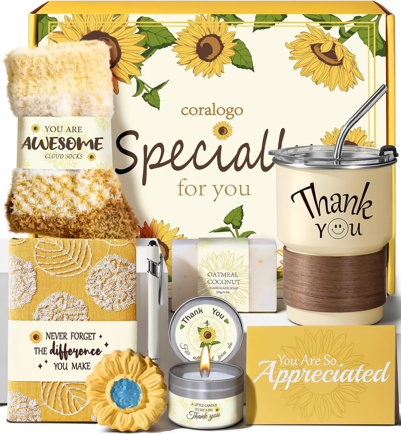 Coralogo 8PCS Crocheted Sunflower-Embroidered Notebook Self-Care Gift Basket - All Seasons Home Supplies Relaxing Set for Bosses with Lemon-Scented Fragrances, Gift Box, Natural Soap, Shatterproof Cup, Thank-You Card, Birthday Greetings