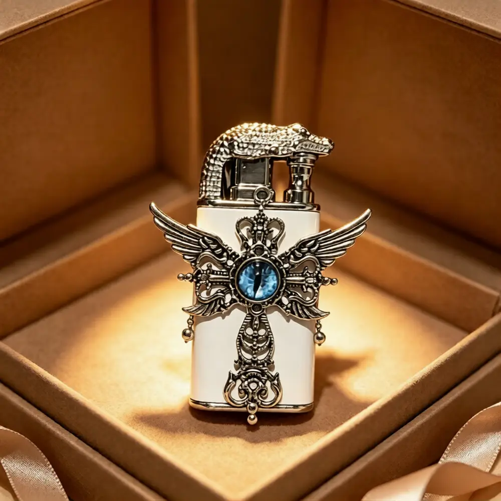 （Without butane）Elegant Cross Design Lighter with Blue Gemstone and Silver Wings for Men's Accessories
