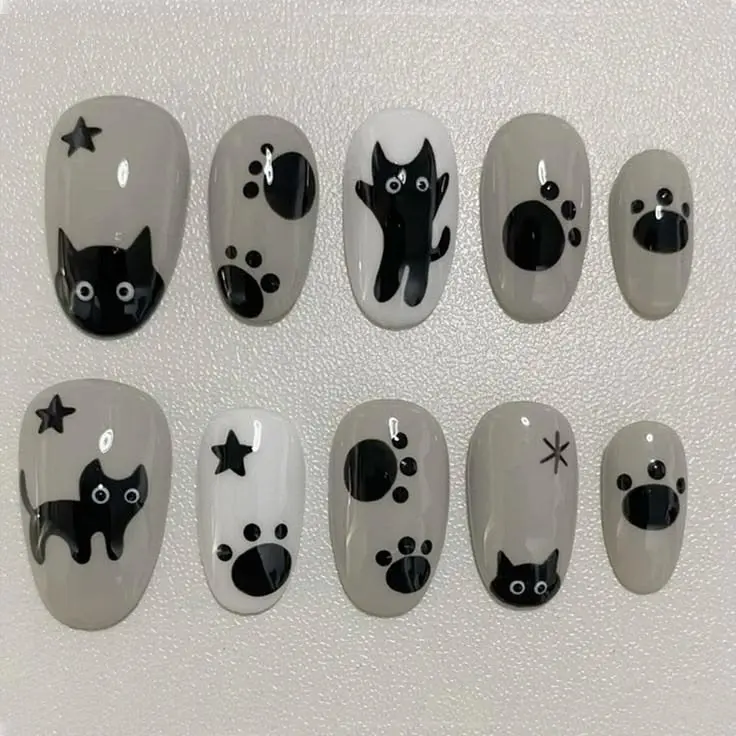 Black Cat Paw Print Press On Nails | Cute Cartoon Cat & Star Design | Grey Black White Nail Box | Handmade Reusable Gel Nails| FREE Adhesive Tabs  Nail File Cuticle Stick